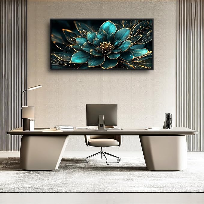 Framed Large Wall Art for Living Room, Teal Flower Canvas Wall Decor, Large Picture Framed Painting, Modern Artwork for Bedroom Office Home Decor 60L'' × 30W''