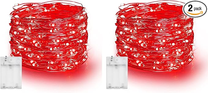 Dazzle Bright Fairy Lights Battery Operated, 2 Pack Total 40FT 120LED Silver Wire Waterproof Battery Operated String Lights, Christmas Decorations for Indoor Outdoor Bedroom Yard Decor, Red