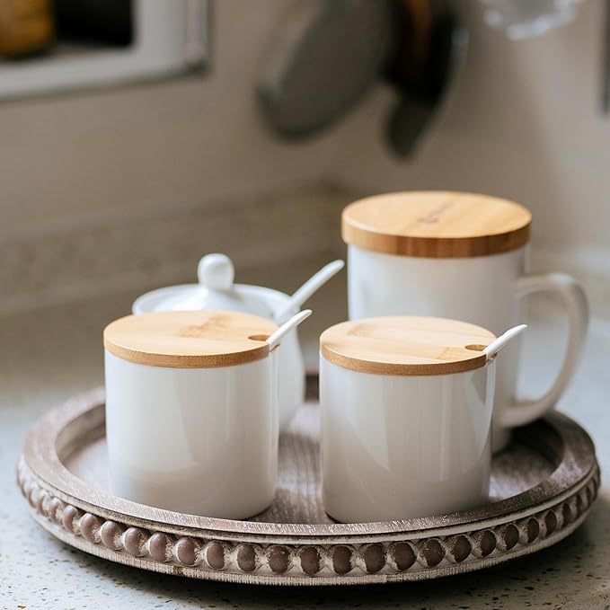 HPC Decor 12in Round Gray Wood Beaded Tray - Decorative Living Room, Coffee Table, Kitchen Table, Dining Room or Farmhouse Serving Tray