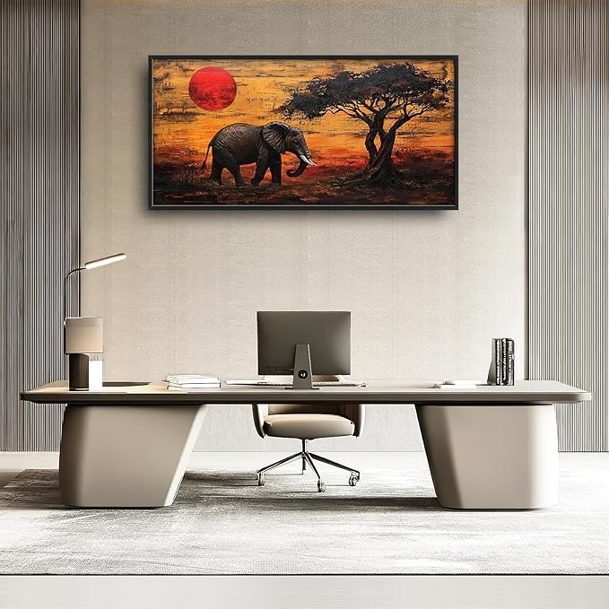 Elephant Framed Wall Art for Living Room, Large African Elephant Canvas Wall Decor, Wild Animal Sunset Pictures Painting, Modern Artwork for Bathroom Bedroom 60L'' × 30W''