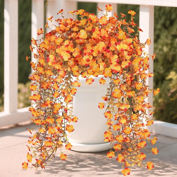 Agusbagli 4 Pcs Fake Hanging Fall Flowers for Outdoors UV Resistant Artificial Hanging Fall Eucalyptus Plants Faux Fall Flowers Decorations for Home Planter Porch Patio Garden Yard Window Fall Decor