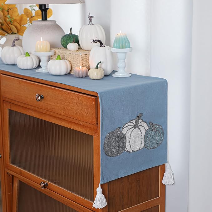 Breling Thanksgiving Pumpkin Table Runner Jacquard Fall Pumpkin Thanksgiving Dinner Table Runner Autumn Harvest Decoration for Kitchen Dining Home Dinner Party 13x72 Inch (Blue)