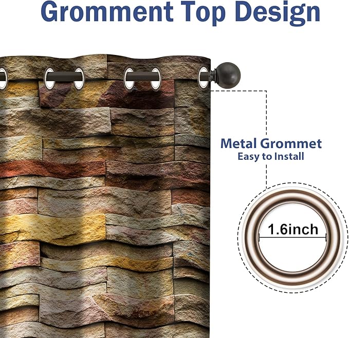 Jekeno Marble Curtains Curtains Colorful Brick Stone Wall Design Home Bedroom Living Room Decor Brown Grommet Window Drapes 2 Panel Set, 42"x54"