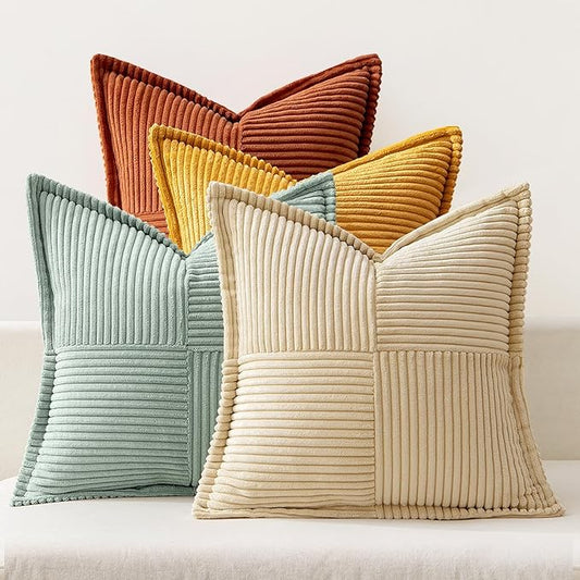 MIULEE Fall Teal-Orange Decorative Throw Pillow Covers 20x20 Inch 4 Packs Soft Boho Farmhouse Pillow Cases Modern Corduroy Patchwork Cushion Covers for Couch Sofa Bed with Flange Edge Home Decor