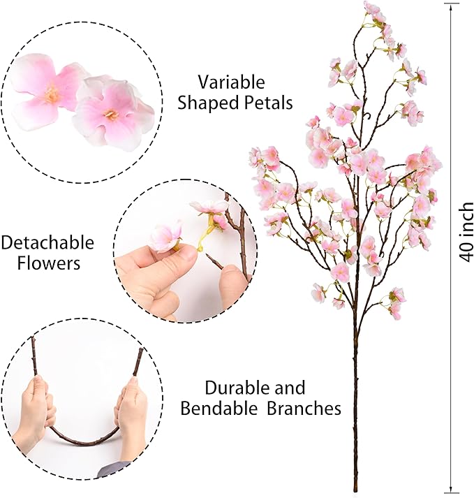 Sunm Boutique Faux Cherry Blossom Branches, Artificial Cherry Blossom Stems Cherry Blossom Flowers Vase Arrangements for Wedding Home Party Kitchen Decor, Light Pink, Set of 3