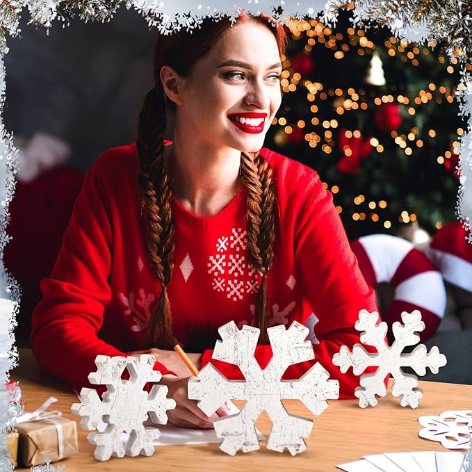 Bucherry 3 Pcs Winter Wooden Snowflake Decor Rustic Winter Snowflake Table Signs Wonderland Wood Blocks Farmhouse Christmas Tiered Tray Decorations for Xmas Table Shelf(Classic White)