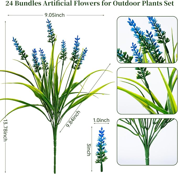 Artificial Flowers for Outdoor Plants 24 Bundles Fake Lavender Plastic Faux Monkey Grass for Verandah Window Garden Office Patio Front Porch UV Resistant for Planter(Blue)