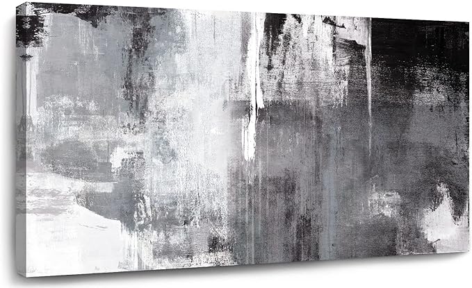 Kureful Black Abstract Wall Art Decor Grunge Room Decor Art Grey Canvas Wall Decoration 20" x 40" Painting Black And White Artwork for Bedroom Home Office Dining Room Decoration