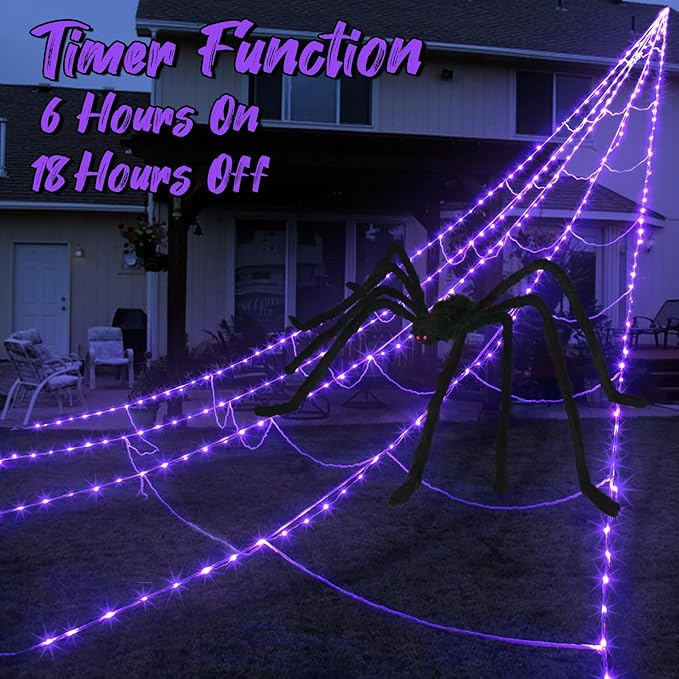 inst Spider Webs Halloween Decorations Outdoor 290LED Halloween Spider Web Lights Decoration with 78.7'' Large Spider & 3.53oz Stretch Cobweb 23Ft Giant Lighted Web with 8 Modes (Purple)