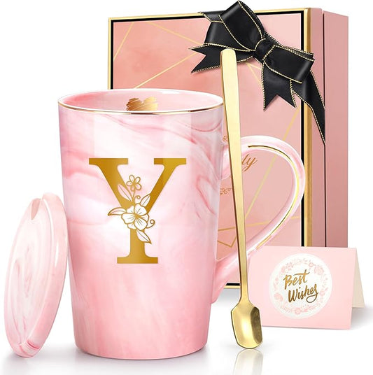 Coffee Mugs - Birthday Gifts for Women, Personalized Initial Customized Mug Tea Cup with Lid 14 Oz Pink, Spoon Greeting Card, Luxury Gift-Boxed Christmas Gift for Her Wife Mom Grandma Friend Unique,Y