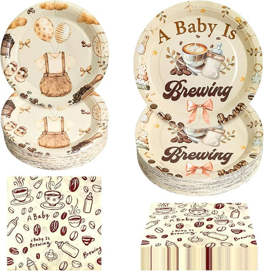 180Pcs Coffee Baby Shower Party Supplies Paper Plates and Napkins Serve 60 Disposable Tableware Set for A Baby is Brewing Baby Shower Decoration and Pregnancy Party