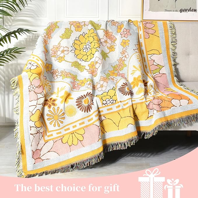 Boho Throw Blanket Reversible Cotton Bohemian Tapestry Hippie Room Decor Outdoor Blanket Double Sided (Boho Yellow Flower 50"x60")