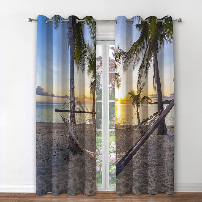 Jekeno Ocean Palm Trees Blackout Curtains Beach Sky Sunshine Seascape Seaside Scenery Decor for Home Bedroom Living Room Grommet Window Drapes 2 Panel Set, 42"x84"