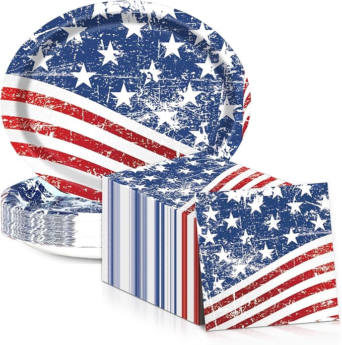 4th of July Oval Paper Plates 11inch Paper Plate and Napkin, Dish Tray American Flag Supplies Party Decoration Patriotic Supplies for Independence Veterans Labor Day Memorial Day Tableware, 25 Guest