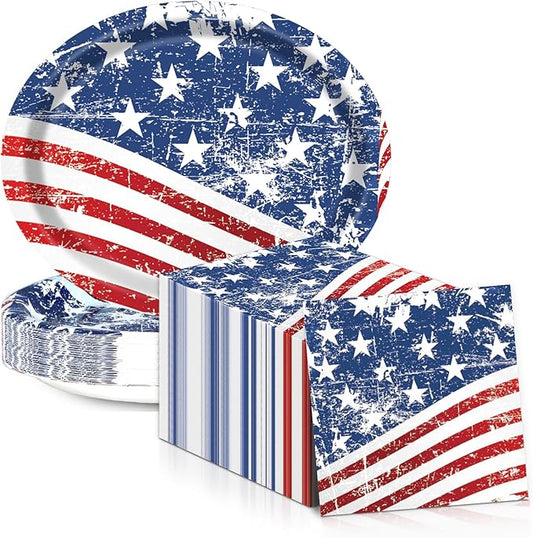 4th of July Oval Paper Plates 11inch Paper Plate and Napkin, Dish Tray American Flag Supplies Party Decoration Patriotic Supplies for Independence Veterans Labor Day Memorial Day Tableware, 25 Guest
