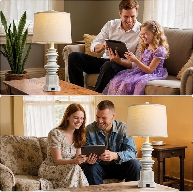 QiMH Table Lamps for Nightstand Set of 2, Bedside Lamp with USB A+C Charging Ports, Farmhouse Table Lamp with Linen Lampshade, Lamps for Living Room, Bedroom Lamps with LED Bulbs, Grey