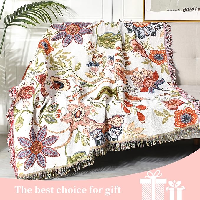 Boho Throw Blanket Reversible Cotton Bohemian Tapestry Hippie Room Decor Double Sided (Boho Flower Dark 50"x60")