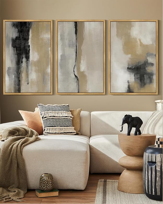 KUVIOKE Black Gray Abstract Framed Wall Art Minimalist Modern Neutral Wall Art Decor for Living Room Hallway Bedroom Ready to Hang 16x24in (Natural Framed)