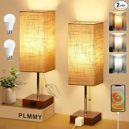 Bedside Table Lamp for Bedroom Nightstand, 3 Color Pull Chain Nightstand Lamps Set of 2 with AC Outlets, Square Gray Lampshade Bedside Lamp for Living Room, Office Desk, LED Bulb Included