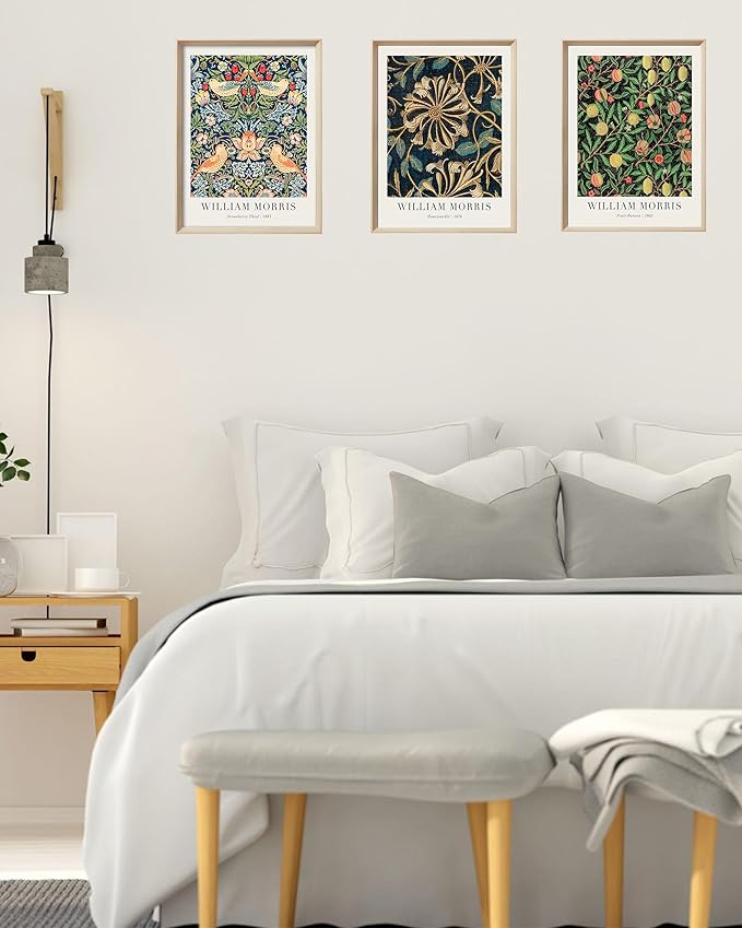 UPWOIGH 12x16 in Framed Wall Art, William Morris Gold Strawberry Thief Canvas, Vintage Botanical Birds Cotton Prints Poster, Wood Wall Decor for Living Room Bedroom, Gift