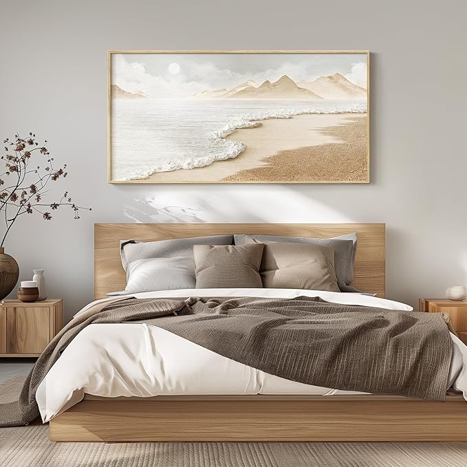 Framed Boho Coastal Beach Wall Art for Living Room, Extra Large Neutral Ocean Canvas Artworks for Walls, Horizontal Abstract Minimalist Coastal Art Print for Bedroom Kitchen Office Walls, 30x60 Inch