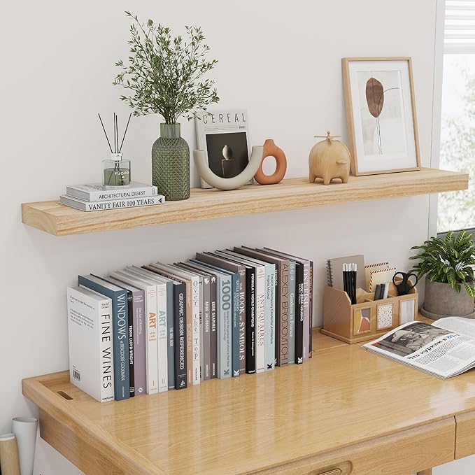 Natural Wood Floating Shelves, 48 Inch Wood Floating Shelves Set of 2, Natural Raw Wood Shelves for Living Room Bedroom Home Office - Natural