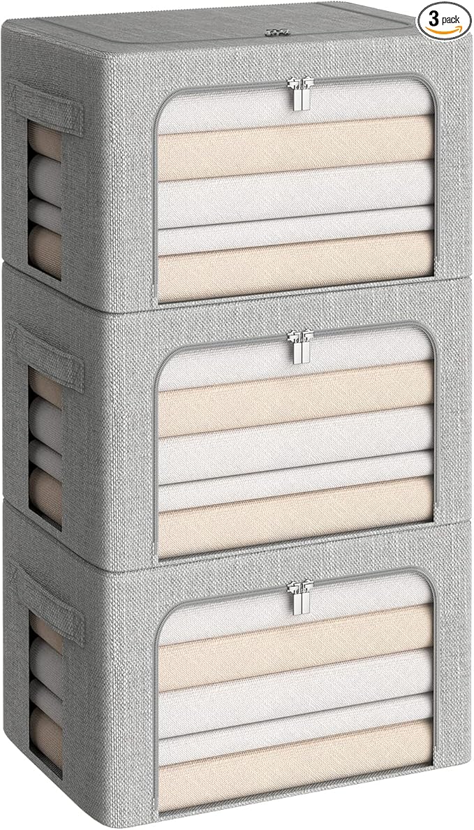 3Pack Foldable Storage Bins - Frame Storage Box Linen Fabric Stackable Clothes Container Organizer with Clear Window & Carry Handles Large Capacity (Medium-36L, Light Grey)