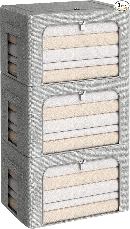 3Pack Foldable Storage Bins - Frame Storage Box Linen Fabric Stackable Clothes Container Organizer with Clear Window & Carry Handles Large Capacity (Medium-36L, Light Grey)