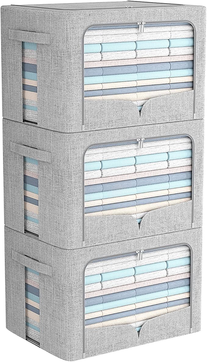 3 Pack Clothes Storage Bins Foldable Metal Frame Storage Box Stackable Linen Fabric Organizer Set with Carrying Handles and Clear Window (Light Gray, 15.7x11.8x11.8inch(36L))