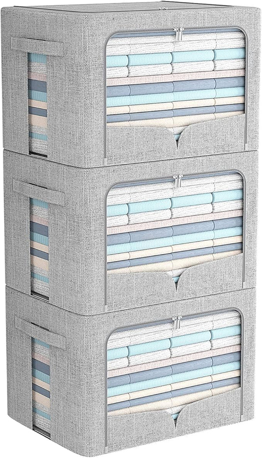 3 Pack Clothes Storage Bins Foldable Metal Frame Storage Box Stackable Linen Fabric Organizer Set with Carrying Handles and Clear Window (Light Gray, 15.7x11.8x11.8inch(36L))