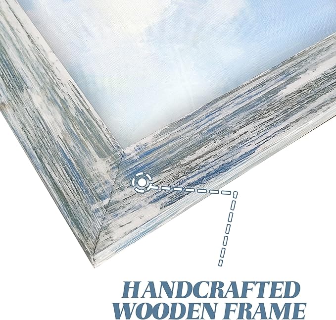 Sea Bird Wall Art Painting: Framed Wooden Blue Coastal Ocean Scene Artwork Heron on Beach Picture Modern Bedroom Bathroom Living Room Decoration Home Office Decor 36”x24”