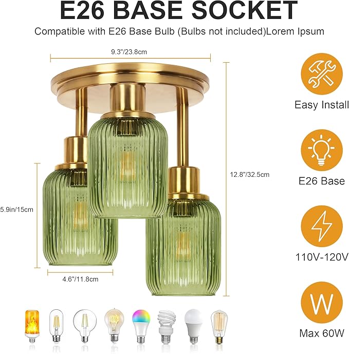 Semi Flush Mount Ceiling Light, 3-Light Close to Ceiling Light Fixtures, Brass Gold Finish Kitchen Light Fixtures with Green Glass Shade Patriot Lighting for Entryway Porch Hallway Foyer