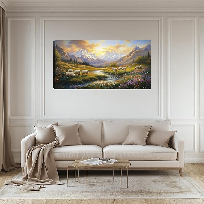 Kuiluuye Large Mountains Rivers Wall Art Wildflowers Rural Landscape Wall Art Painting Pictures Canvas Art Prints Countryside Wall Decor for Bedroom Farmhouse Living Room 48L x 24W
