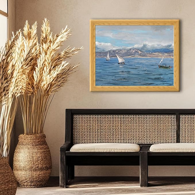 Brivoria Framed Canvas Wall Art Vintage Decor, Coastal Seascape with Sailing Boats and Distant Mountains Under Dramatic Cloudy Sky for Living Room Statement Wall or Gallery Decoration, 16"x20"