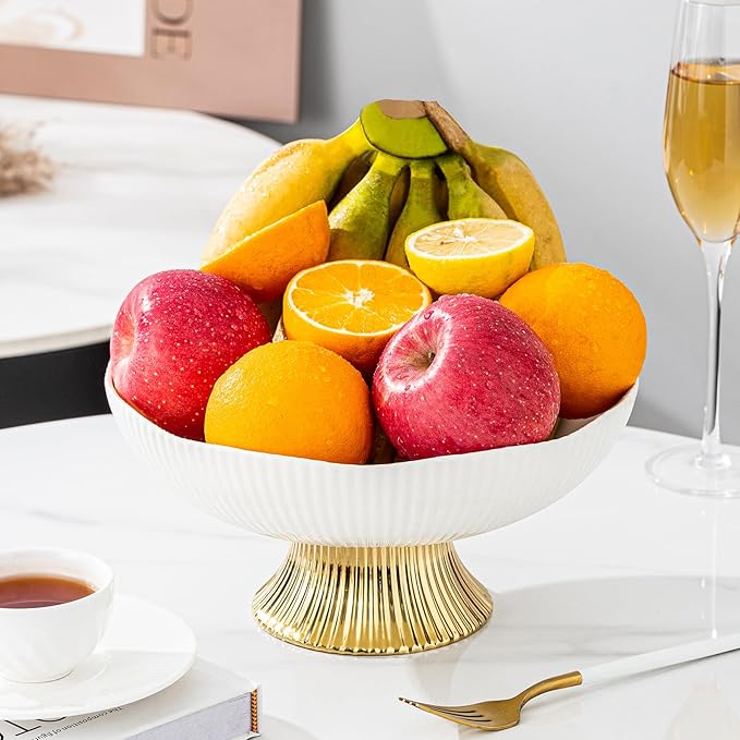 Ceramic Fruit Bowl,10” Pedestal Bowl, Decorated Fruit Tray for Kitchen Counter and Dining Table, Footed Bowls for Afternoon Tea Parties, Bread and Salad Bowl with Golden Feet. (white)