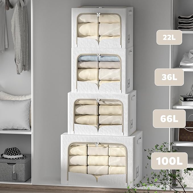 3 Pack Clothes Storage Bins Foldable Metal Frame Storage Box Stackable Linen Fabric Container Organizer Set with Carrying Handles and Clear Window (Cream White, 15.7x11.8x7.8inch(22L))