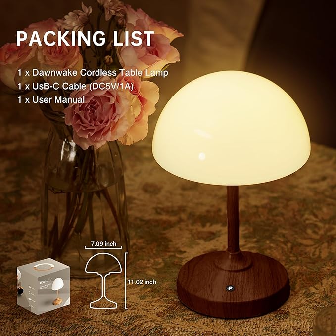 Mushroom Lamp Table Lamp Waterproof,Desk Cordless Battery Operated Lamps for Bedroom,Outdoor Cordless Rechargeable Table Lamps for Night Stands,5000mAh LED Night Light for Living Room(Walnut)