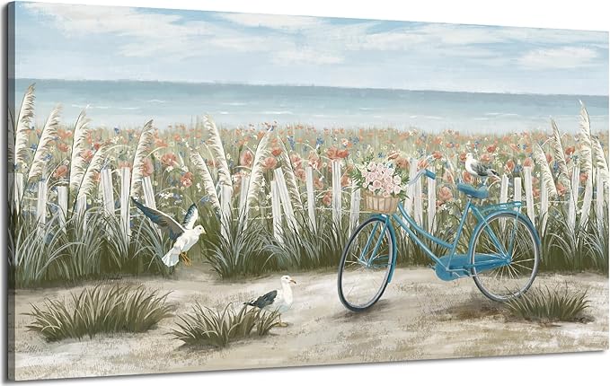 Canvas Wall Art for Living Room Boho Beach Coastal Floral Print Seaside Blue Bicycle with Pink Flowers Seagull Seascape Painting Seashore Wildflower Landscape Vintage Farmhouse Decor Artwork 48x24inch
