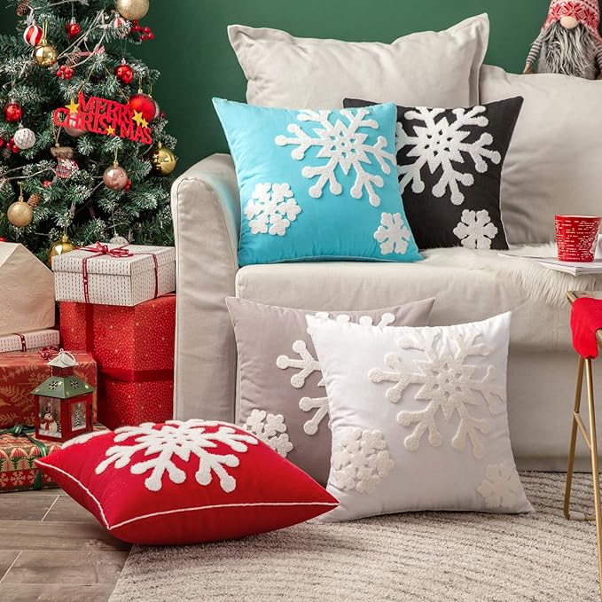 MIULEE Pack of 2 Christmas Decorative Snowflake Throw Pillow Covers Canvas Embroidery Winter Cushion Cases Holiday Decor Soft Pillowcases for Winter Couch Sofa Bedroom Car（Black, 16x16in）