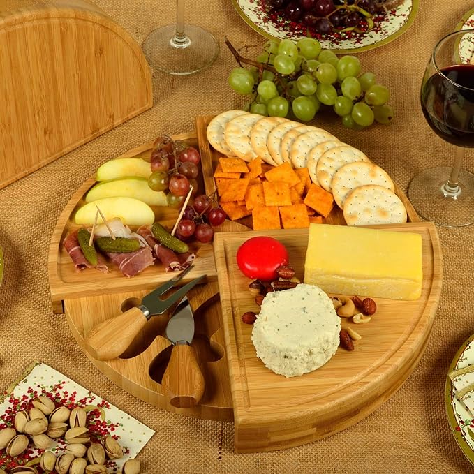 Picnic at Ascot Bamboo Board for Appetizers with Cheese Tools - Stores as a Space Saving Wedge - Opens to 13" Diameter – Designed by Picnic at Ascot - USA Patented & Quality Assured