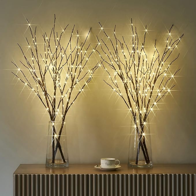 Fudios Lighted Twigs and Branches for Vases Plug in 32in Tall,Brown Willow Tree Branches with Lights 150 LED Outdoor Indoor Holiday Party Decor Gift 2Sets