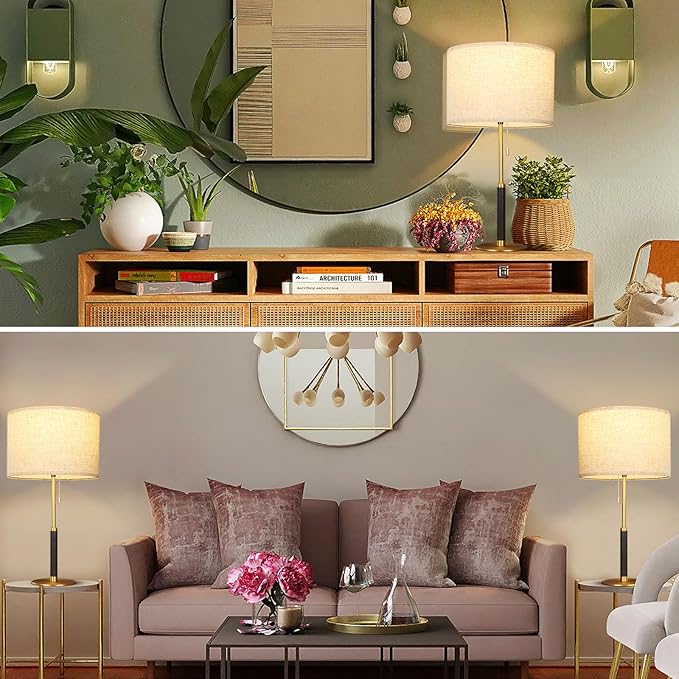 26.4" Living Room Modern Table Lamp Bedside Lamps for Bedroom 3-Color Temperatures Pull Chain Switch Nightstand Lamp for End Tables Wood Fabric for Home/Office/Desk Decor (Light Brown+Brass)