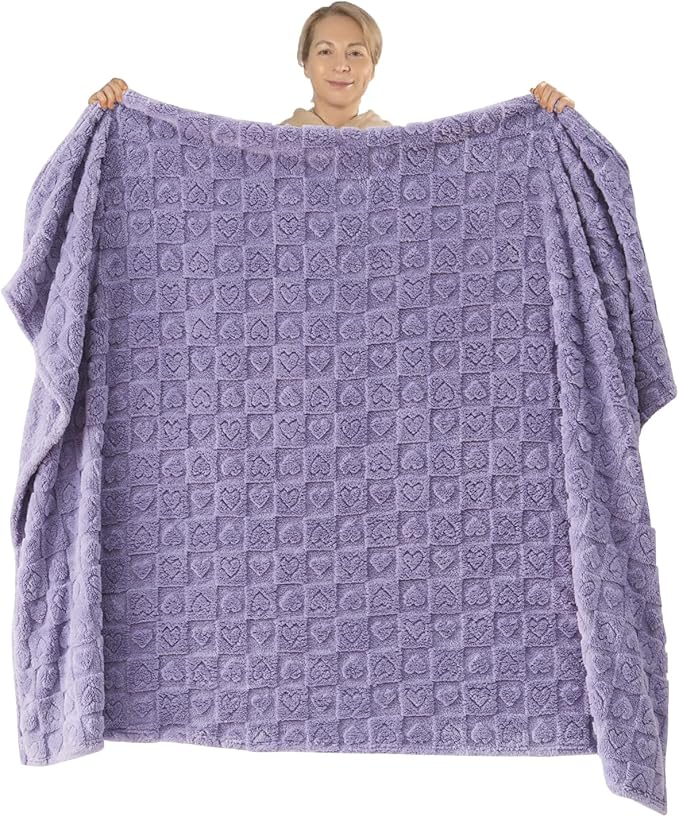 NEWCOSPLAY Super Soft Twin Blanket Lavender Premium Silky Flannel Fleece 3D Heart Checkered Lightweight Bed Blanket All Season Use (Lavender Heart, Twin(60"x80"))
