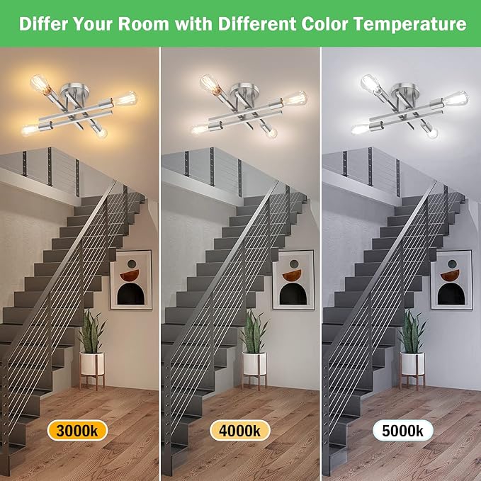 Brushed Nickle Semi Flush Mount Ceiling Lights, 4-Light Modern Industrial Sputnik Chandelier Light Fixture, Silver Flush Mount Light for Kitchen Bedroom Living Room Dining Room Closet, E26 Bulb Socket