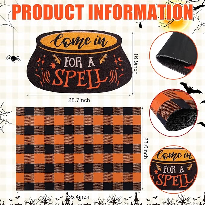 2 Pcs Door Mat Welcome Non Slip Coir Mats Floor Layering Doormats Seasonal for Front Porch Entryway Decor(Come in for A Spell)