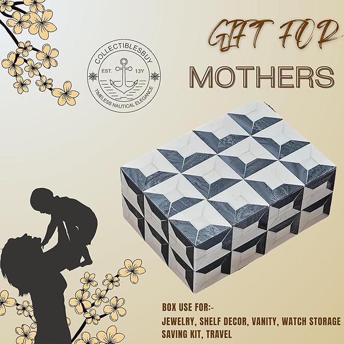 collectiblesBuy Handmade Bone Inlay Jewelry Storage Box – Rectangular Decorative Organizer with White Grey Yellow Design – Unique Keepsake Gift for Home Décor