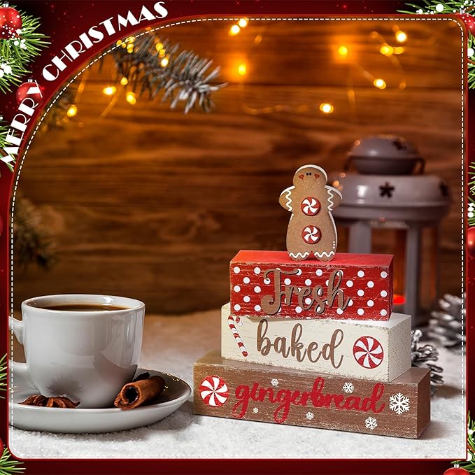 Geelin 4 Pcs Wooden Christmas Tabletop Decor Gingerbread Man Tiered Tray Decor Christmas Centerpiece Rustic Decorative Block Signs Gift Farmhouse Table Decoration for Home Kitchen