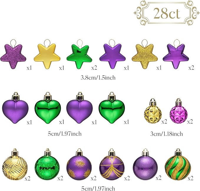 Valery Madelyn 28Pcs Christmas Heart Shaped Ornaments Gift Pack, Mardi Gras Craft Painted Tree Heart Decorations, Purple Green Gold Christmas Baubles Hanging Holiday Party Decor