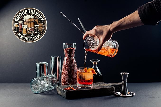 Vintage Beer Bar Art Poster Group Therapy Practiced Here Metal Sign for Home Decor Suitable for Man Cave Backyard or Bar Wall 8x8 In