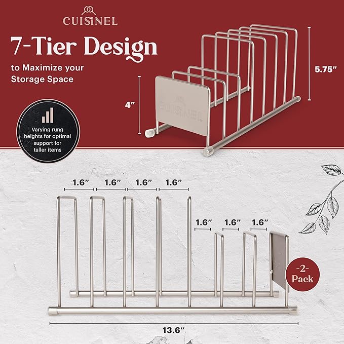 Cuisinel Lid and Dish Organizer Rack - 2-Pack Satin Nickel Kitchen Storage Organization Stand - Plate Holder, Pan/Pot Covers, Cutting Board and Cookie Sheet Divider - 7-Tier Cabinet/Counter Display